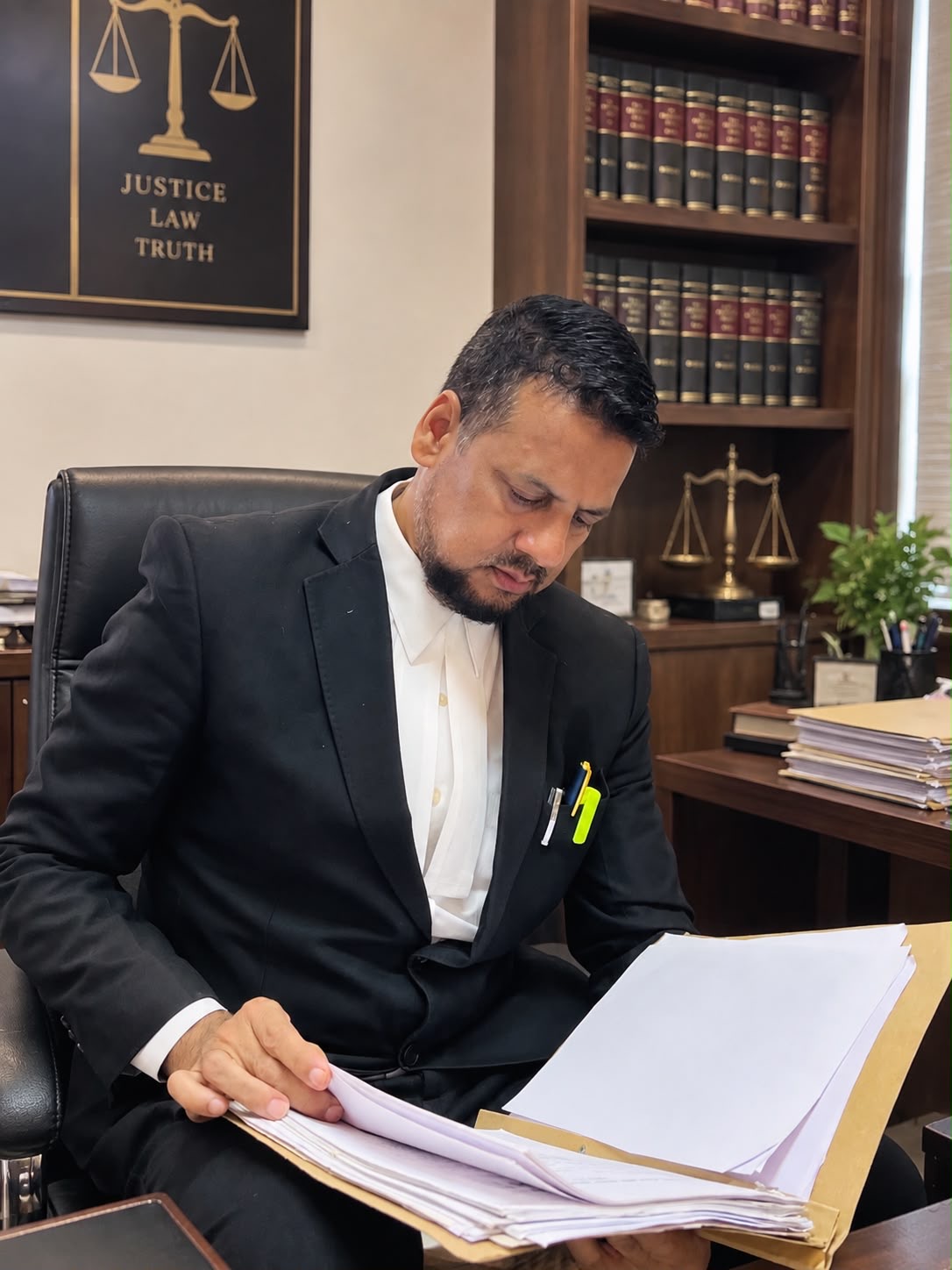 Advocate Syed Zakir Ali reviewing case files at his office desk, with the Justice Law Truth plaque and law books behind him